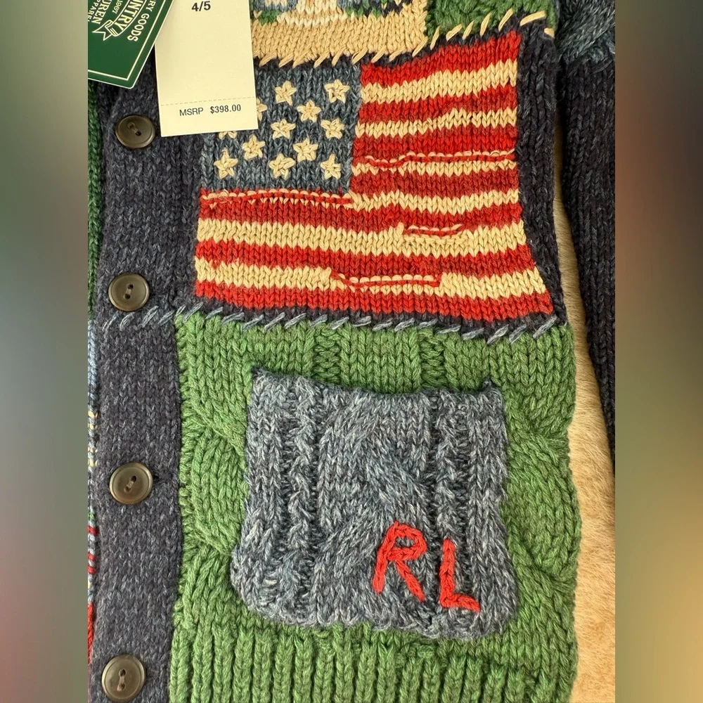 NWT! Ralph Lauren Patchwork Cotton-Blend Shawl Cardigan Boys size 4/5